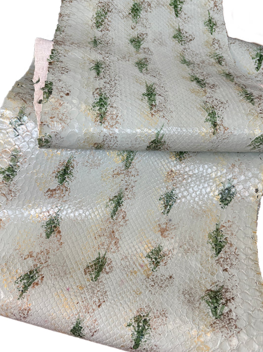2.05 M Front Cut Gold and Green Hand Painted Glazed Python Leather