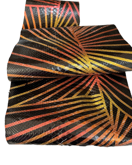 2.43 M Hand Painted Black, Orange, and Gold Back Cut Glazed Python Leather