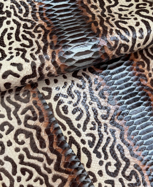 1.2-1.5 M Back Cut Hand-Painted Brown Glazed Python Leather with Tribal Markings (Group Listing)