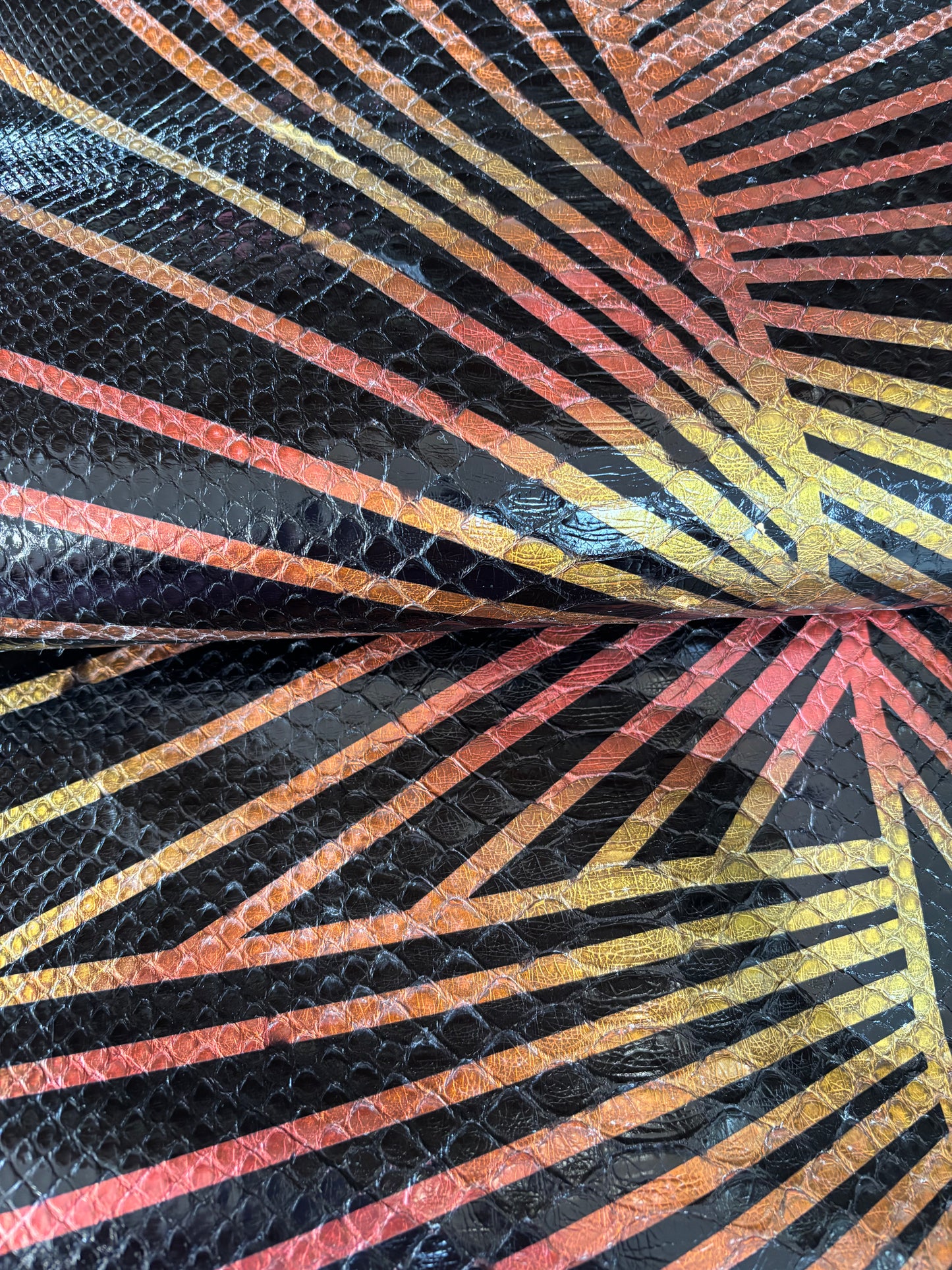 2.43 M Hand Painted Black, Orange, and Gold Back Cut Glazed Python Leather