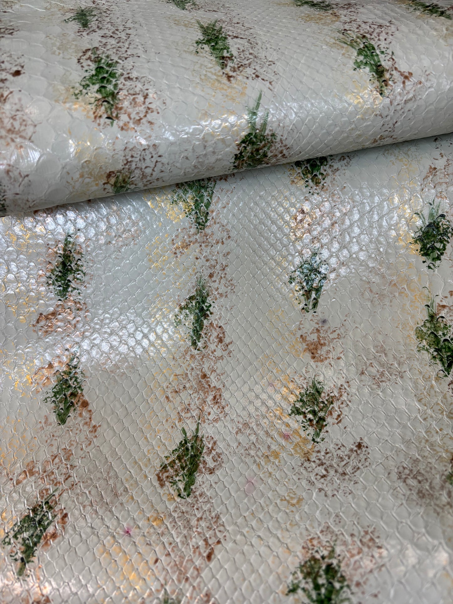 2.05 M Front Cut Gold and Green Hand Painted Glazed Python Leather